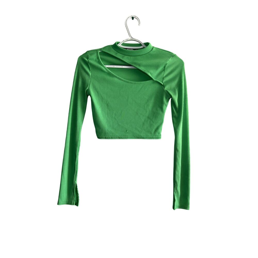 Missguided green ribbed cut out‎ cropped mock neck long sleeve shirt womens 4